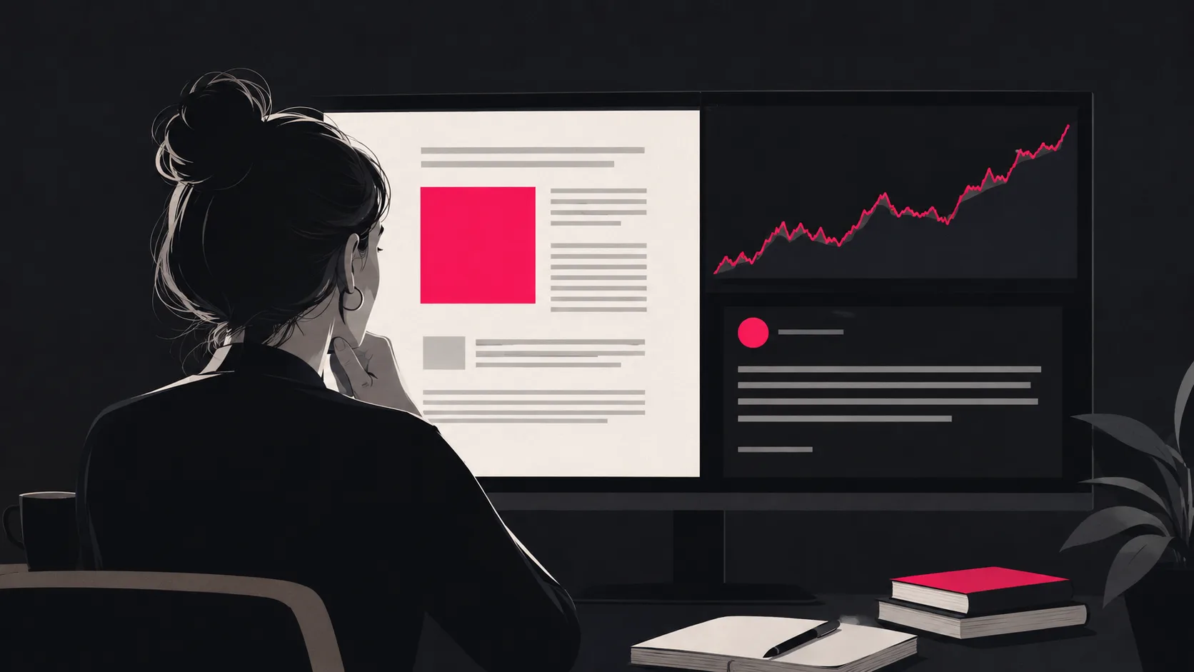 A financial content writer optimizing published content for both Google search visibility and AI model discovery with real analytics displayed.