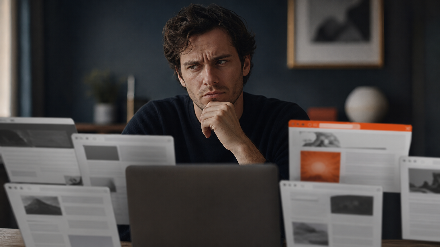 Person reviewing multiple passive income articles online, representing the importance of critically evaluating recycled advice and untested methods