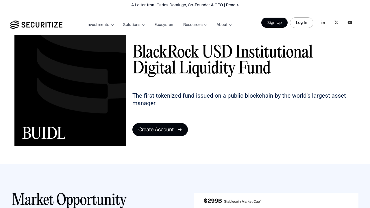 Securitize platform interface displaying BUIDL token details and fund structure information