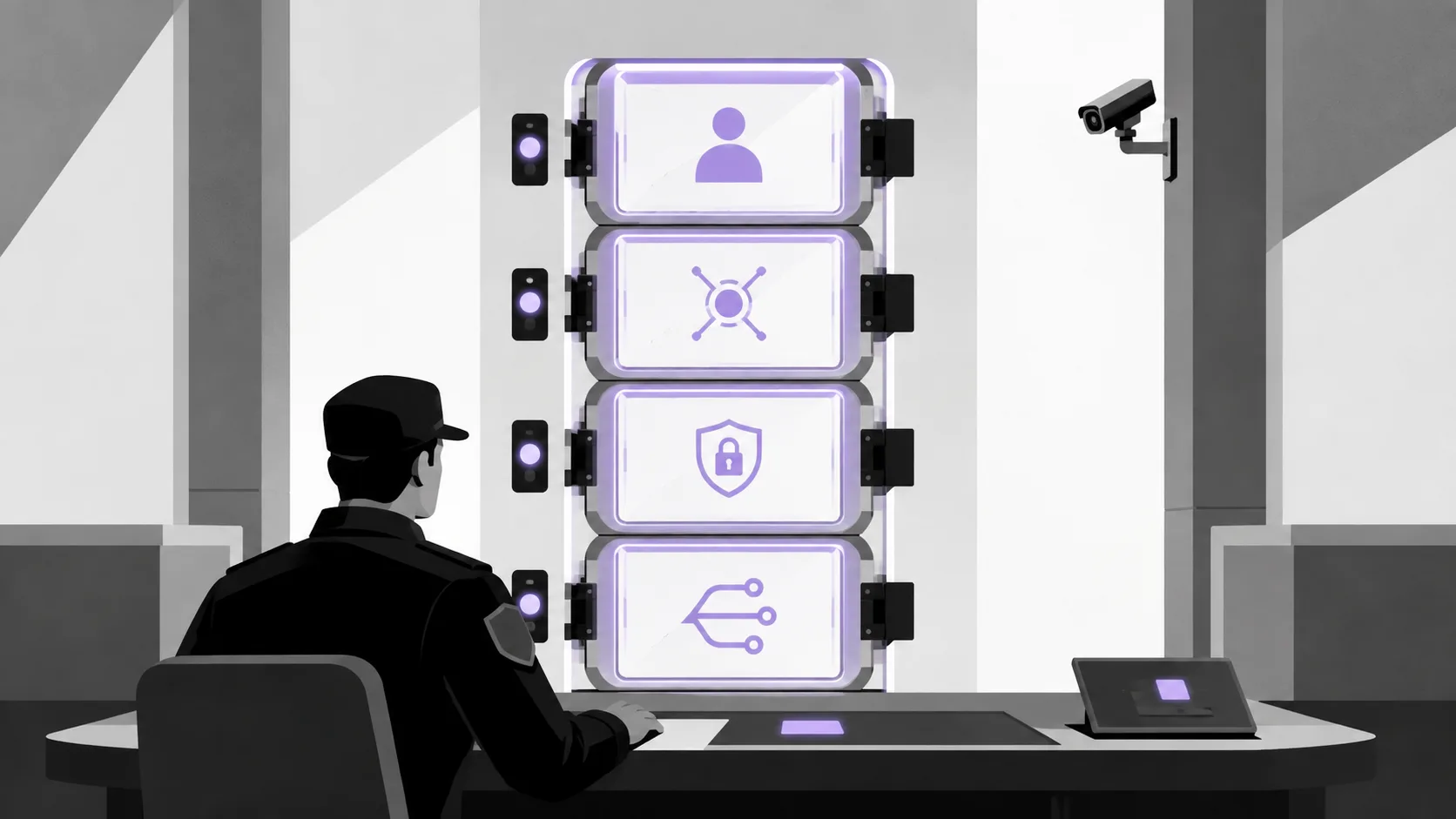 Visual representation of the four compliance layers in institutional DeFi: access controls, custody, privacy, and system integration