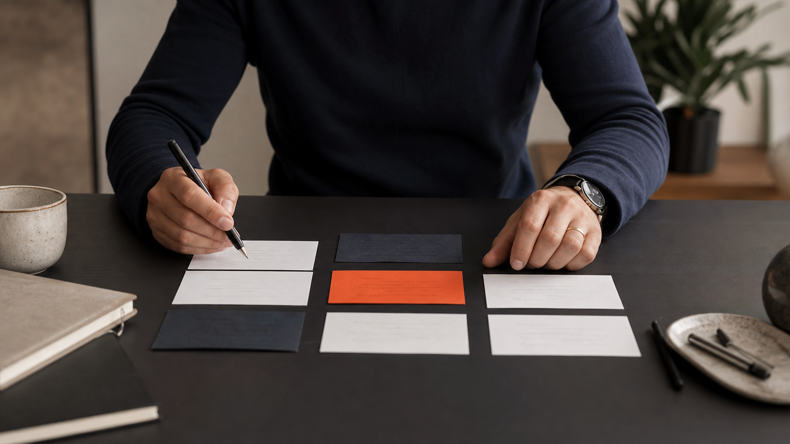 Person reviewing affiliate marketing program criteria written on notecards to evaluate options before enrolling.