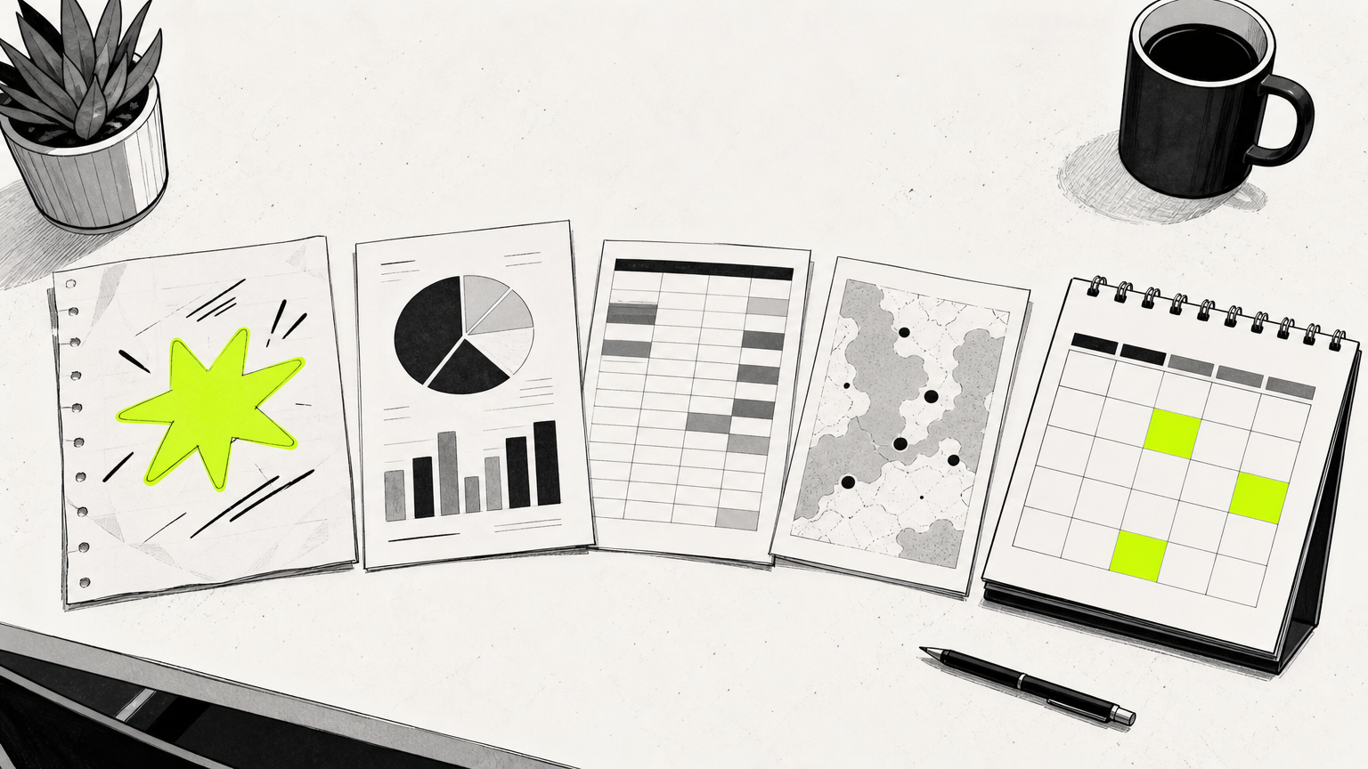 Five essential inputs for a food and beverage marketing plan displayed on a workspace: USP, market research, budget, distribution channels, and quarterly timeline.