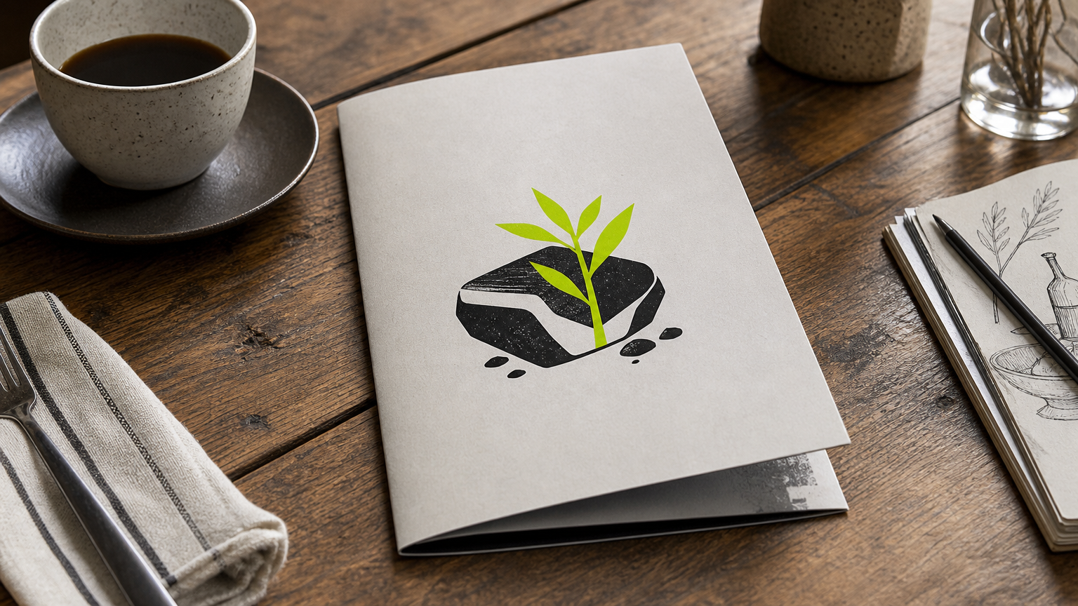 Restaurant menu with logo displayed on cover, surrounded by reference notes and coffee cup on a workspace