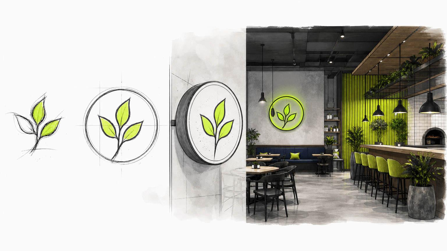 Cost drivers in restaurant branding ranging from simple logo design to comprehensive concept development with interiors