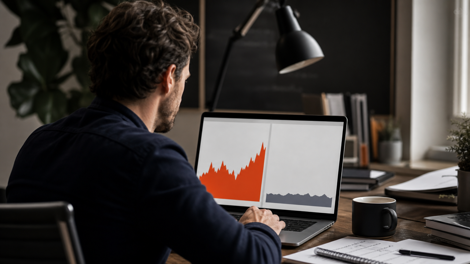 Affiliate marketer at desk comparing site performance, illustrating why niche focus drives results over broad approaches.