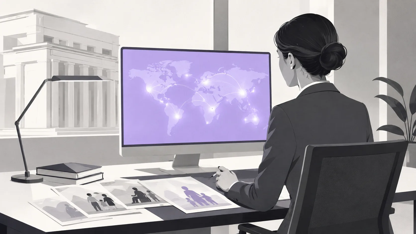 A central banker examining digital payment infrastructure and financial inclusion metrics on a screen, representing CBDC policy rationale.