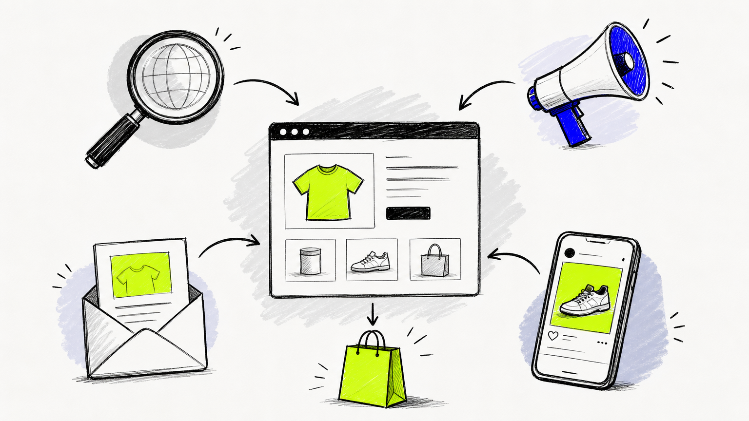 An illustration of how ecommerce marketing channels鈥擲EO, paid search, social, and email鈥攃onnect to drive product revenue for online retailers.