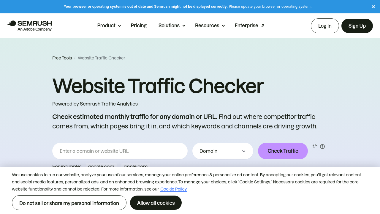 Semrush website analytics interface showing traffic sources, metrics, and performance data used to track and measure website visitor flow.
