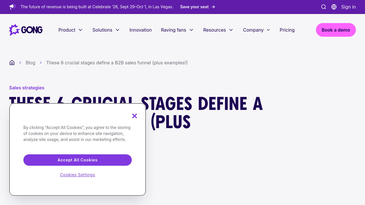 Screenshot of a resource page explaining B2B sales funnel stages and real-world funnel examples.