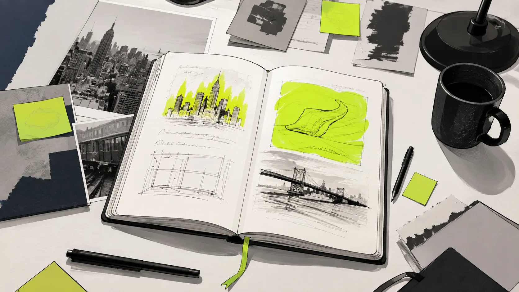 Founder's workspace with planning notes, research materials, and strategy notebook for building a New York social media campaign