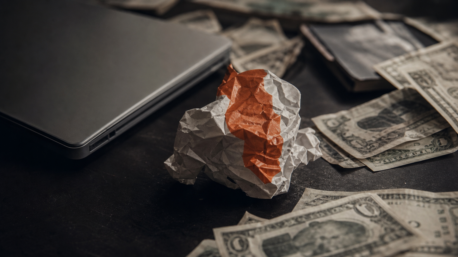 Scattered money and a crumpled receipt on a desk, representing the cost of common traffic generation myths and misconceptions that lead marketers to waste resources.