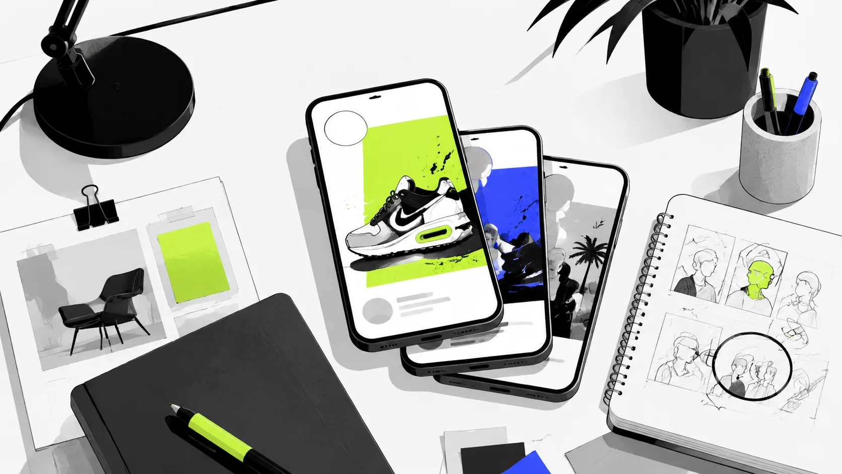 A creative workspace showing ad mockups on phones, mood boards, and audience research notes for paid social campaigns