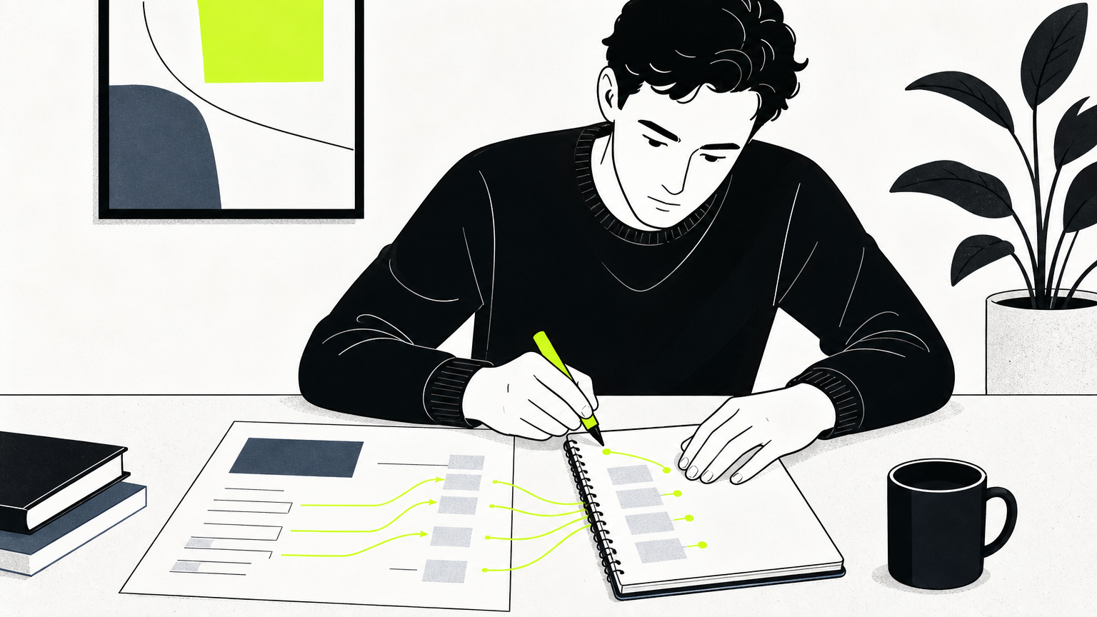 Founder mapping pricing line items to specific deliverables on a proposal document, illustrating cost-to-output alignment