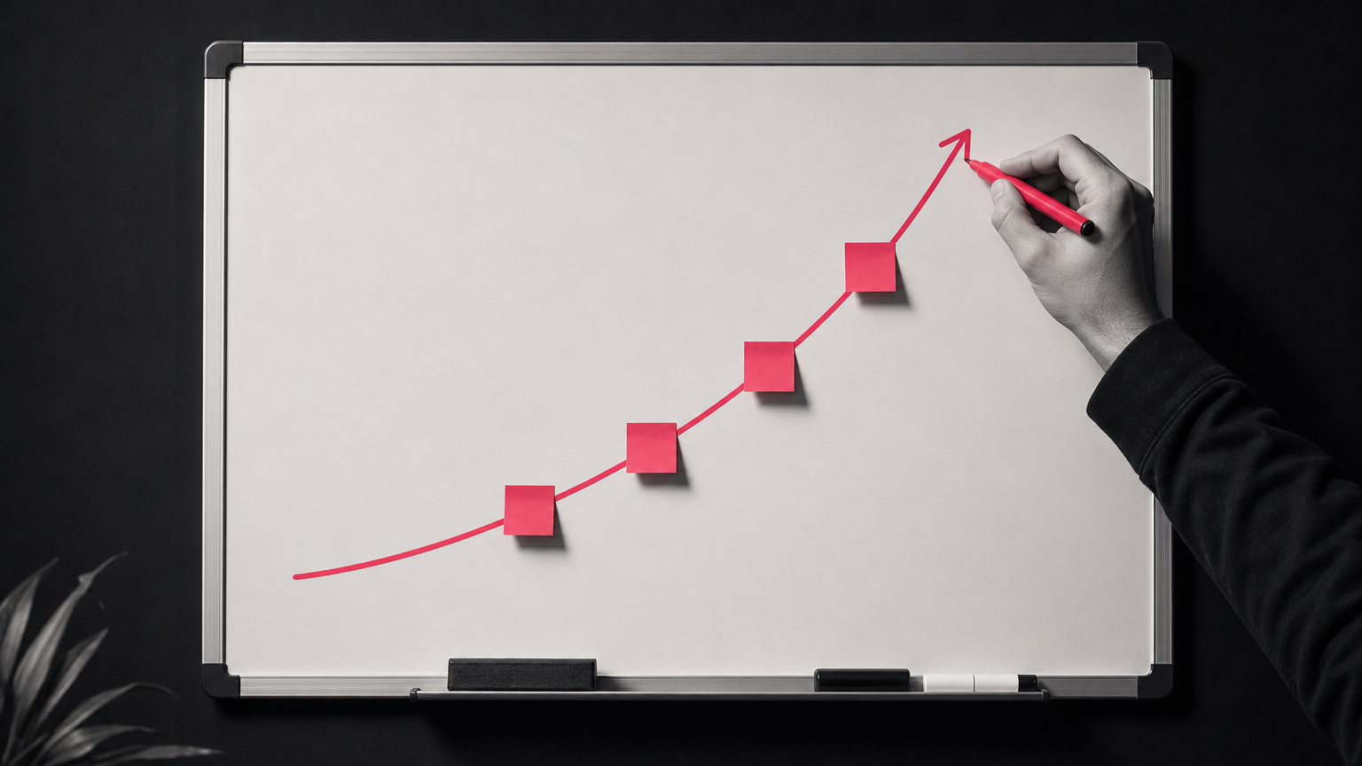 Team member sketching organic growth trajectory on whiteboard with content milestone markers.