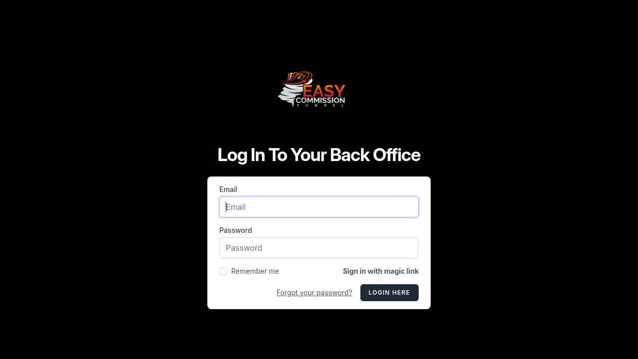 The Easy Commission Funnel official website showing the funnel interface and registration entry point for affiliates