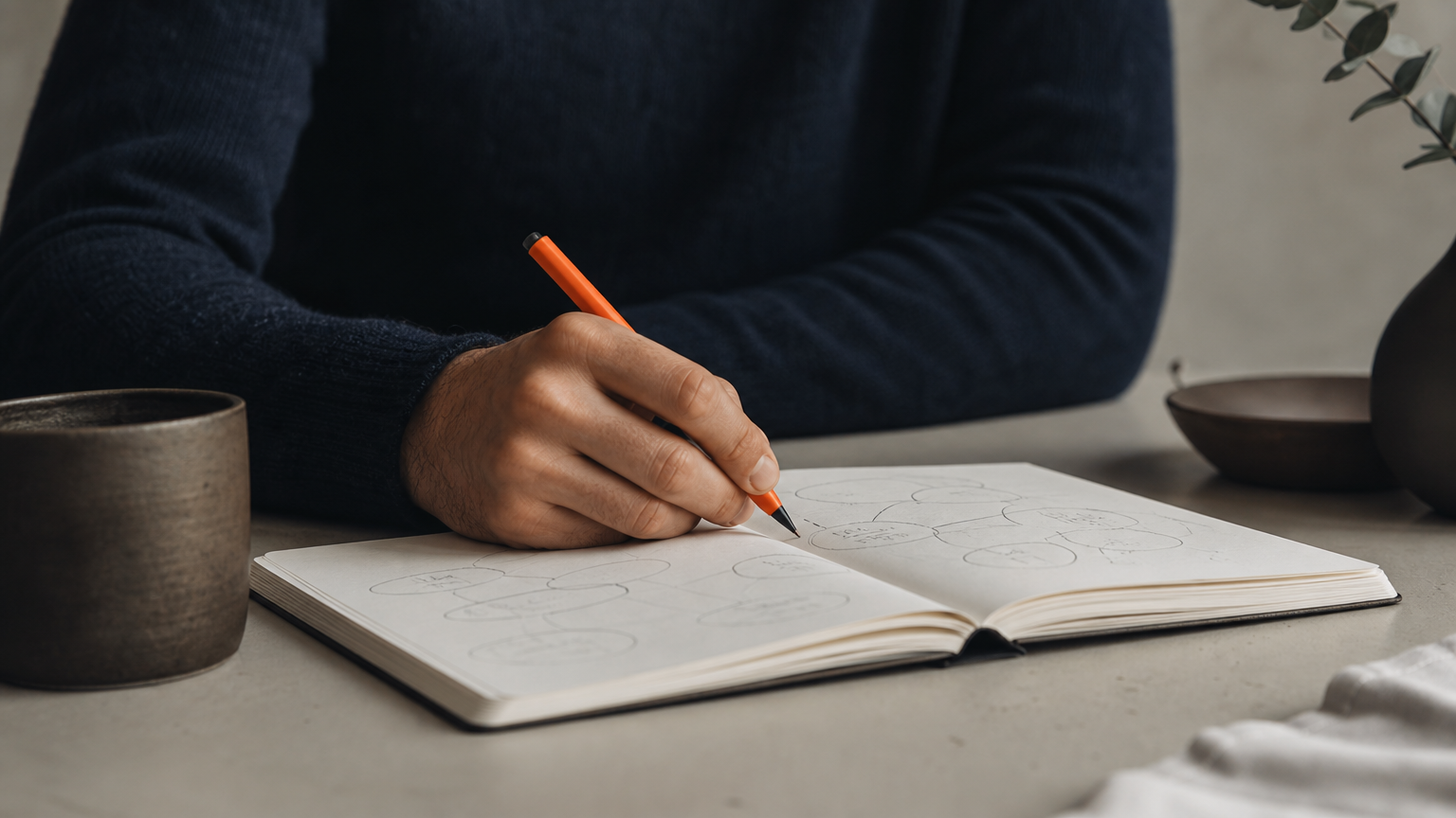Notebook and pen showing handwritten niche research notes and connected ideas for affiliate market identification.