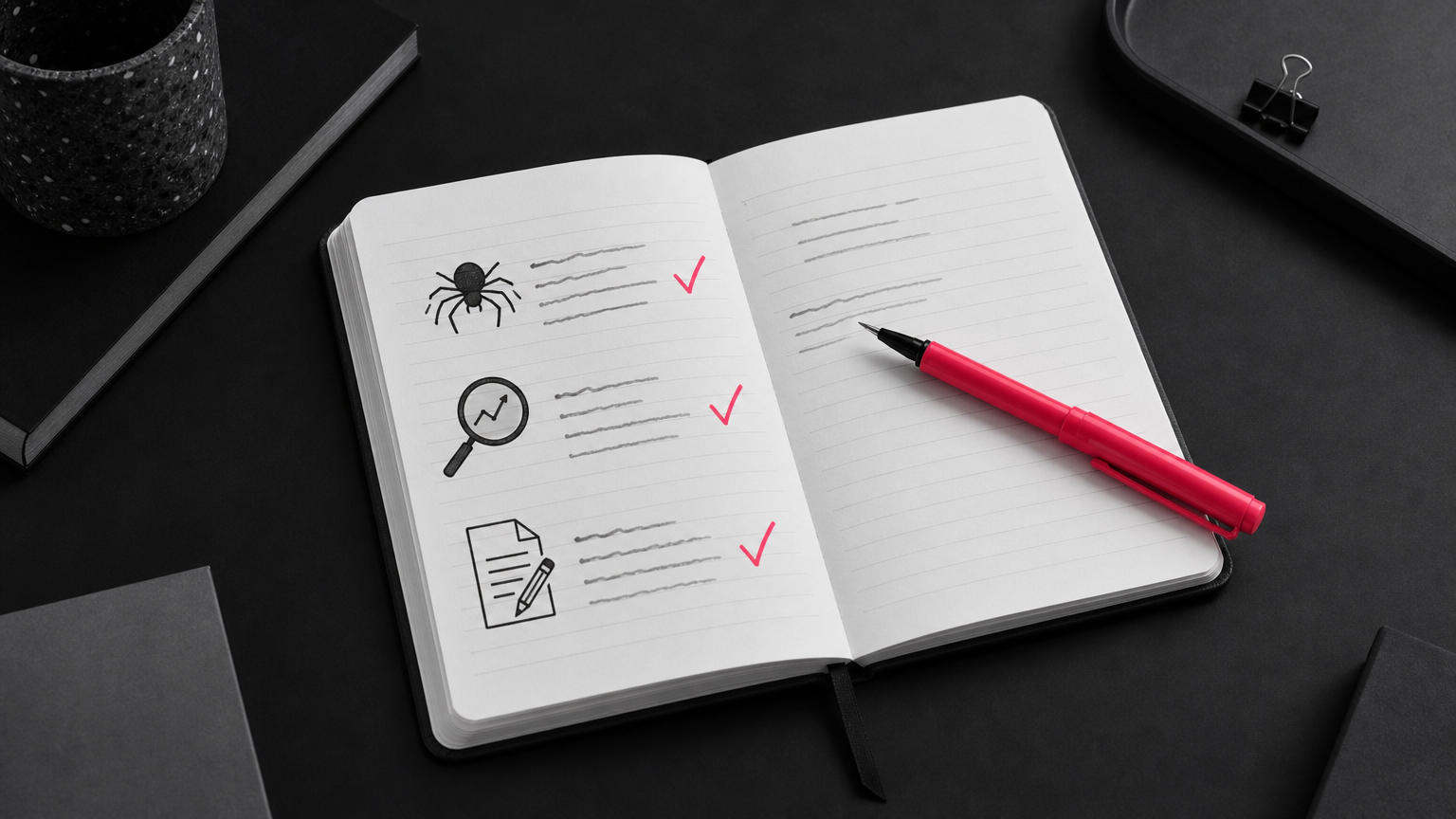 A notebook showing SEO tasks like crawls, rank tracking, and meta writing that automation handles, illustrating what SEO automation encompasses.
