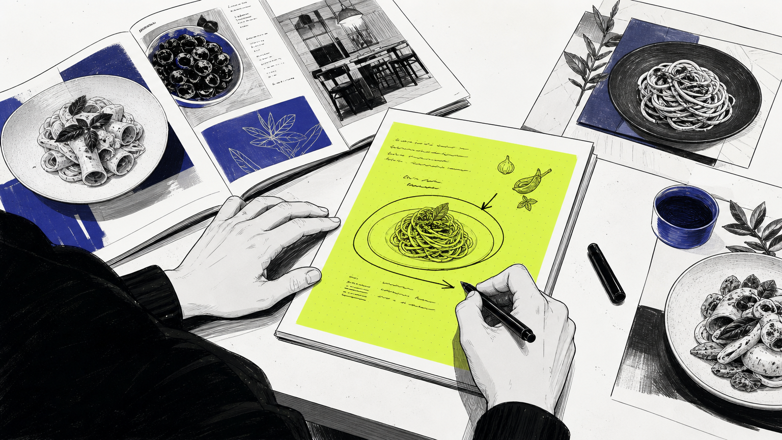 A restaurant founder reviewing competitive positioning materials and concept notes to define their unique Italian restaurant brand lane.