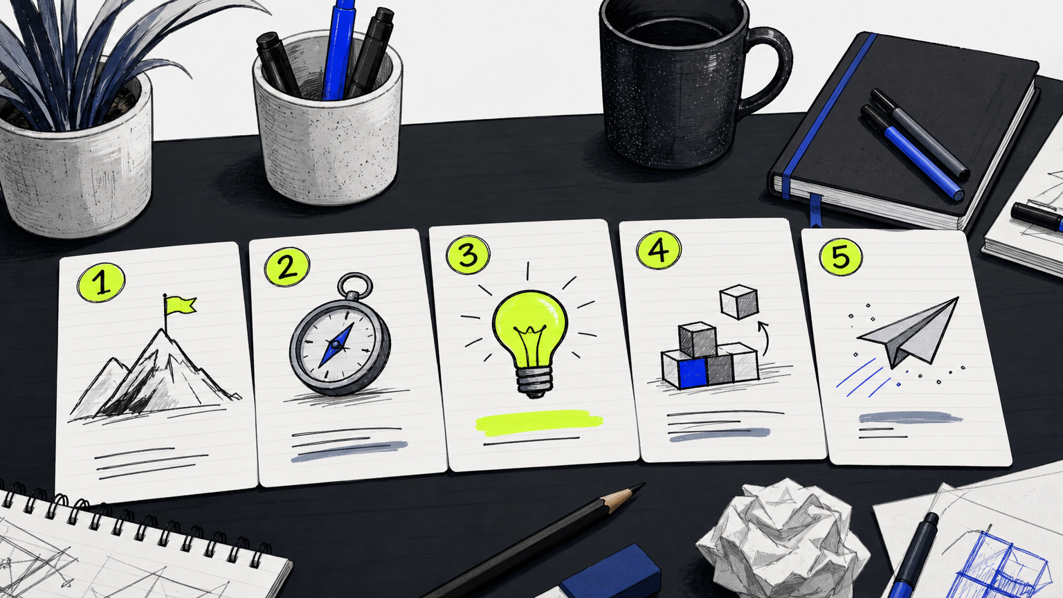 Five sequential strategy steps for building a CPG social media plan, displayed as numbered cards on a work surface.
