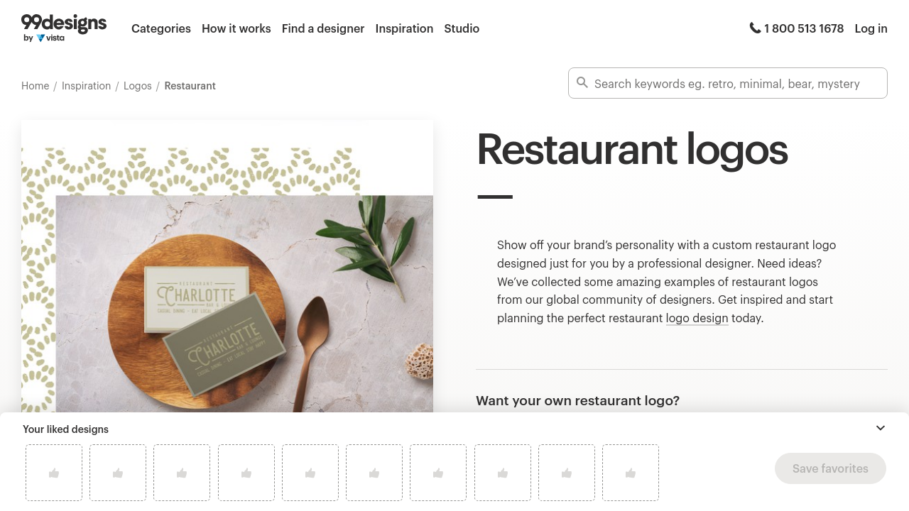 Screenshot of a restaurant logo inspiration gallery showing monograms, crests, and wordmarks from fine-dining and casual concepts.