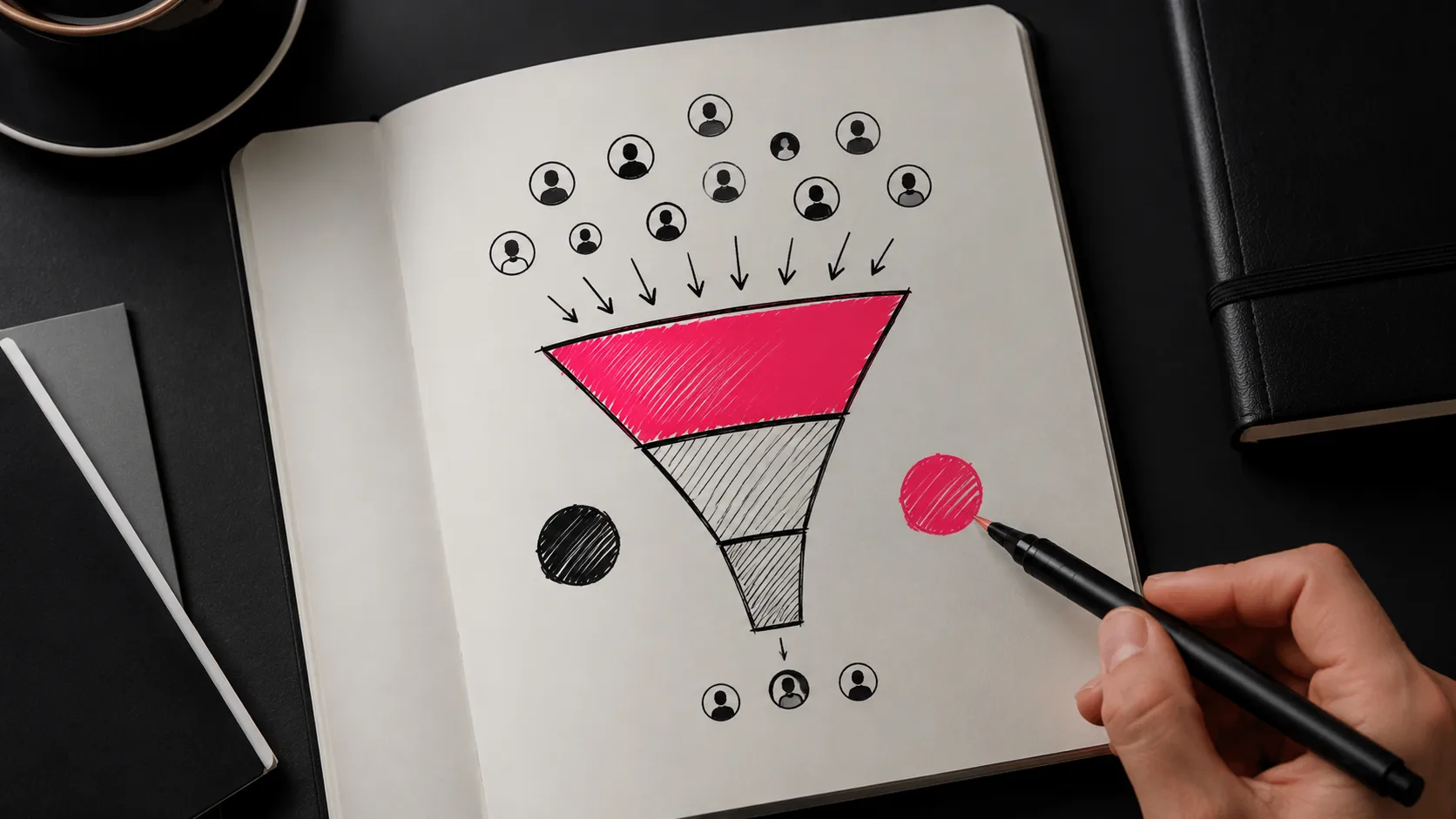 A notebook showing organic search funnel planning for crypto wallet growth, illustrating why paid channels are restricted in the crypto sector.