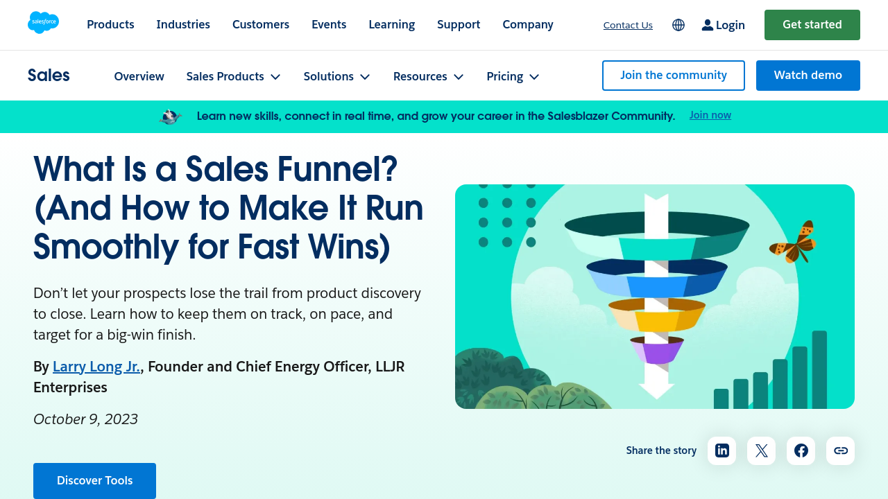 Salesforce's sales funnel definition page showing how funnels map the buyer journey from awareness to purchase.