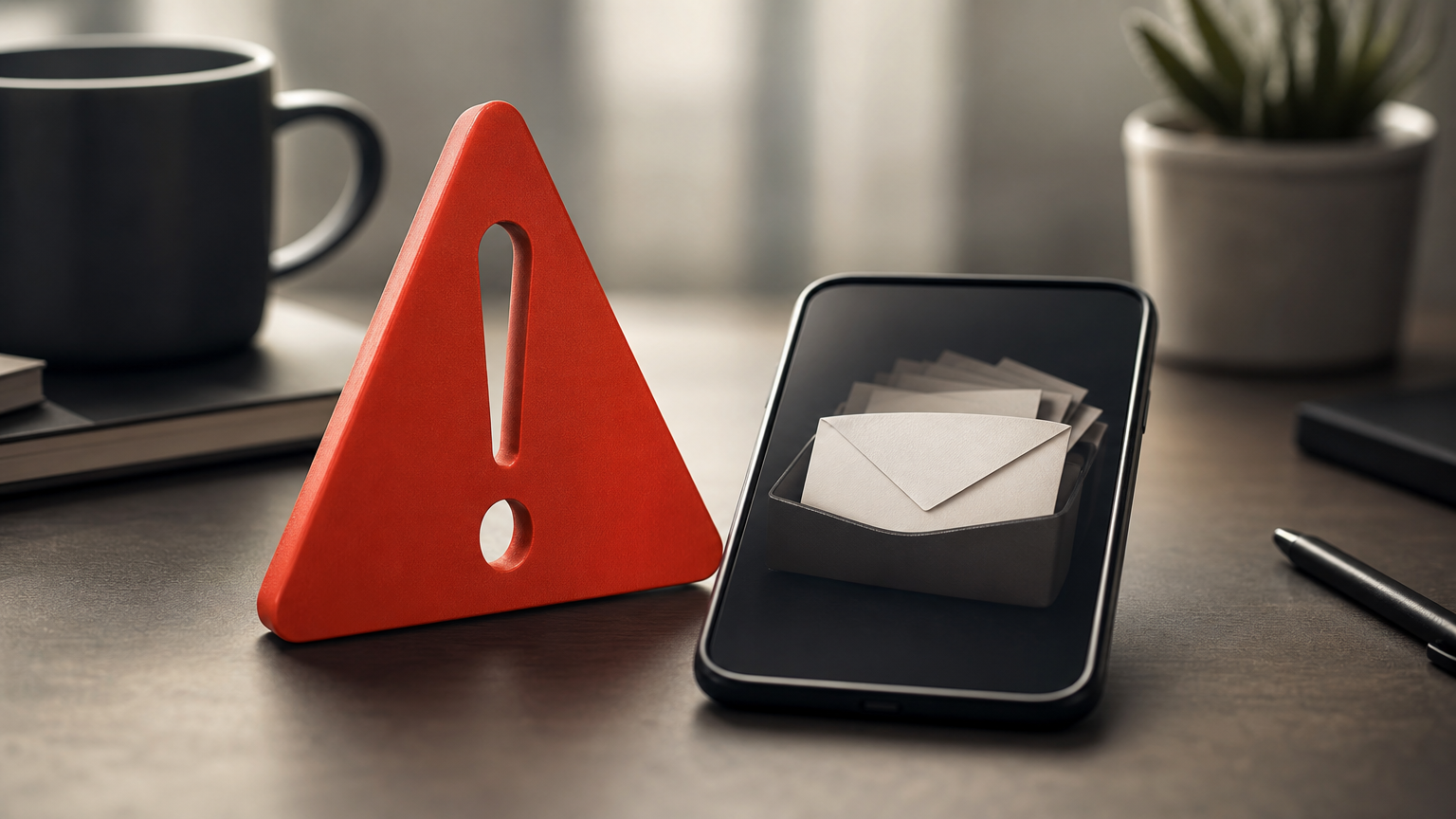 Warning against buying email lists, showing a cautionary sign and spam folder indicator on a phone screen