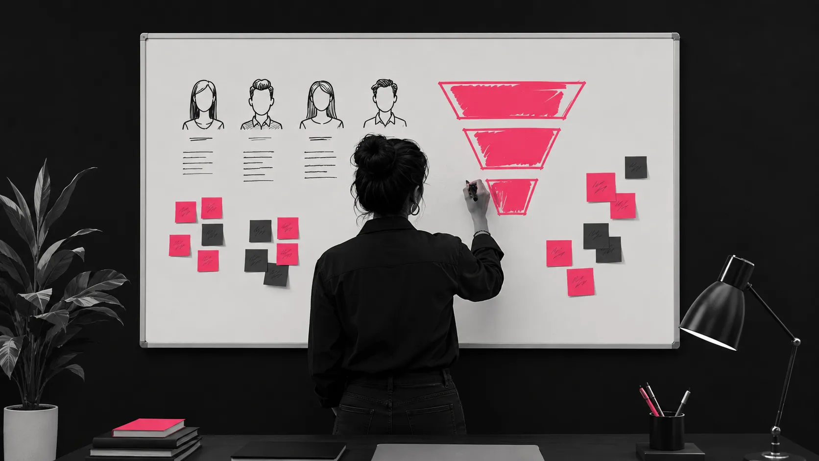 A content strategist mapping financial buyer personas and funnel stages on a whiteboard for a financial services campaign.