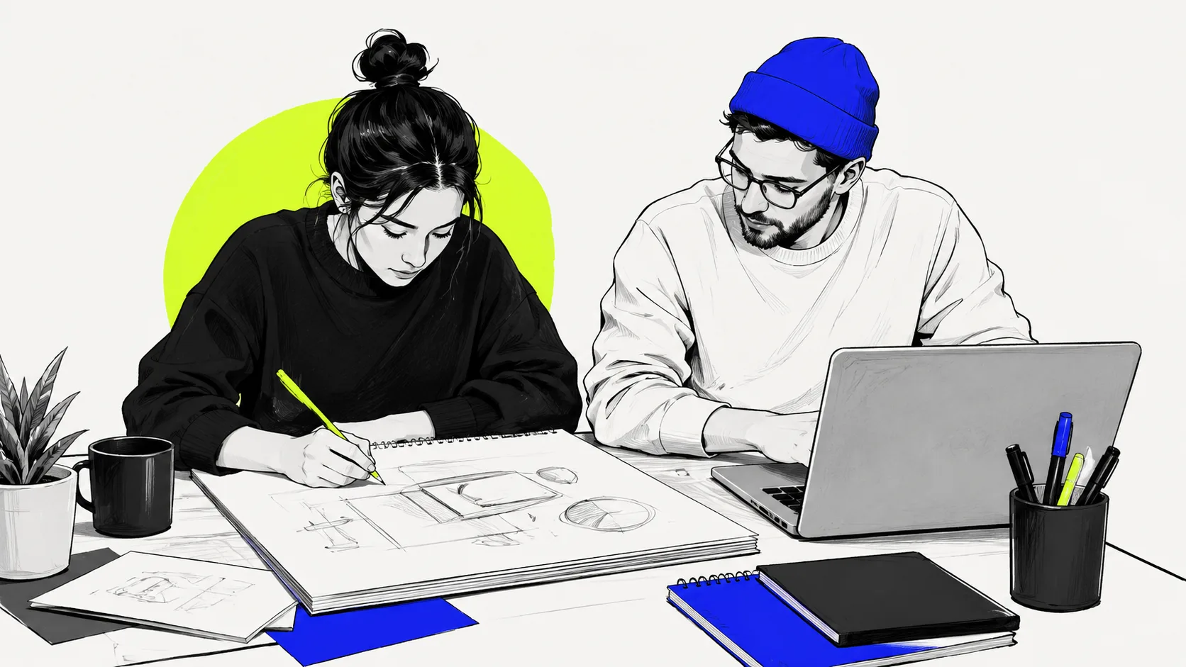 Creative and strategy professionals working in parallel on brand concepts and research insights during an agency engagement.