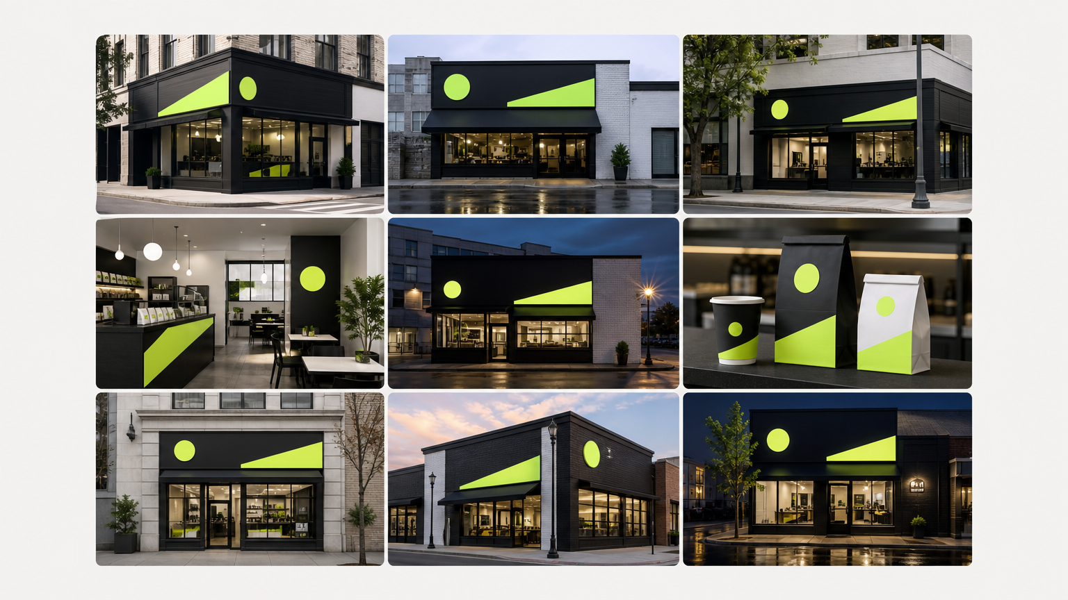 Multiple fast-food restaurant locations showing consistent brand identity applied across signage, packaging, and environmental design.