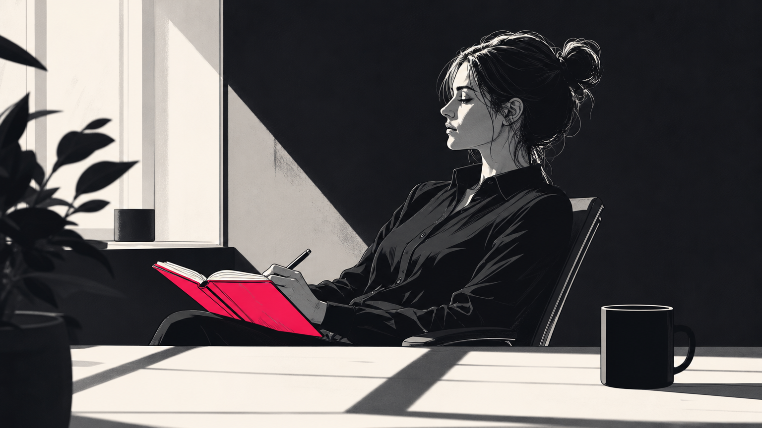 Marketer relaxing at a cleared desk with morning light and open notebook, illustrating how AI frees time for strategic and creative work