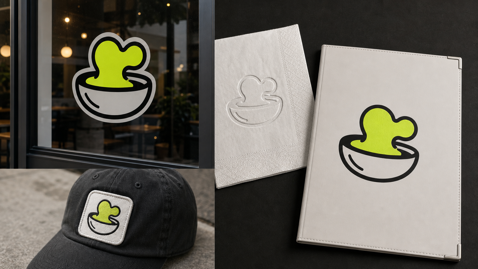 Single restaurant logo rendered at different sizes and formats鈥攕ignage, packaging, app icon, and embroidery鈥攕howing scalability and versatility requirements for logo design.