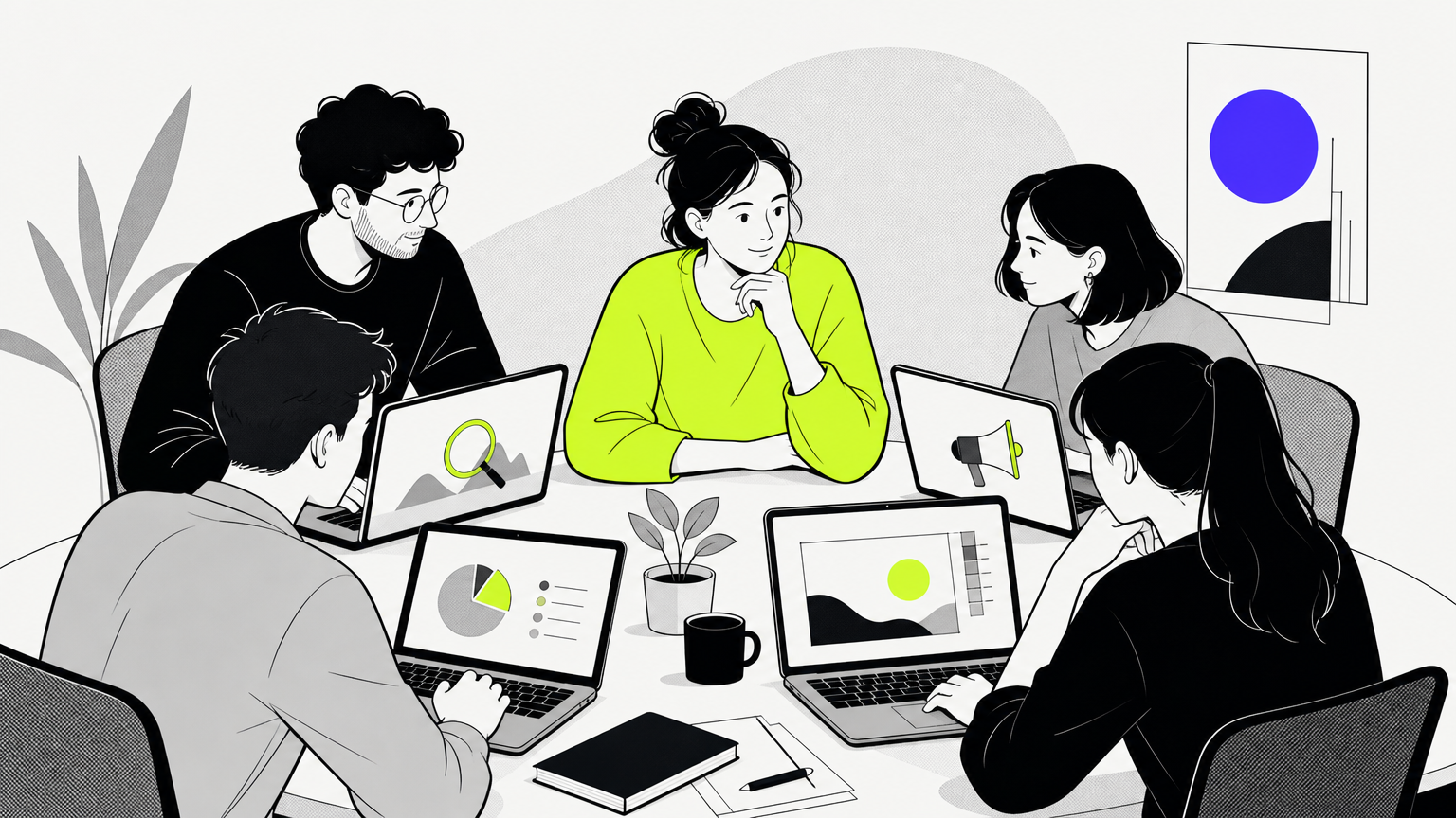 An ecommerce agency team with dedicated specialists in SEO, paid media, analytics, and creative working in parallel鈥攁 contrast to in-house generalists.