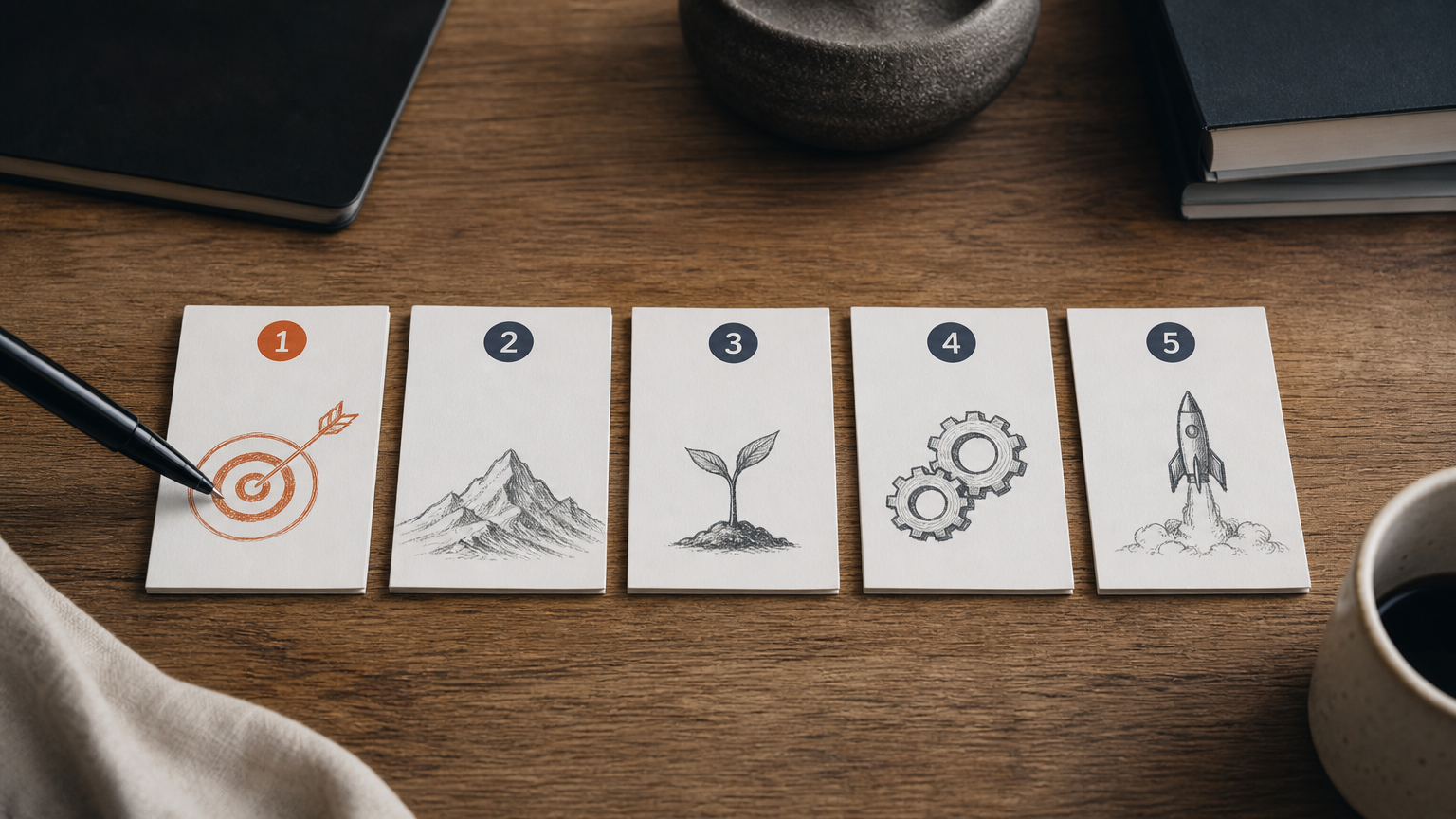 Step-by-step email list building process shown with sequential cards on a desk, ready to be executed