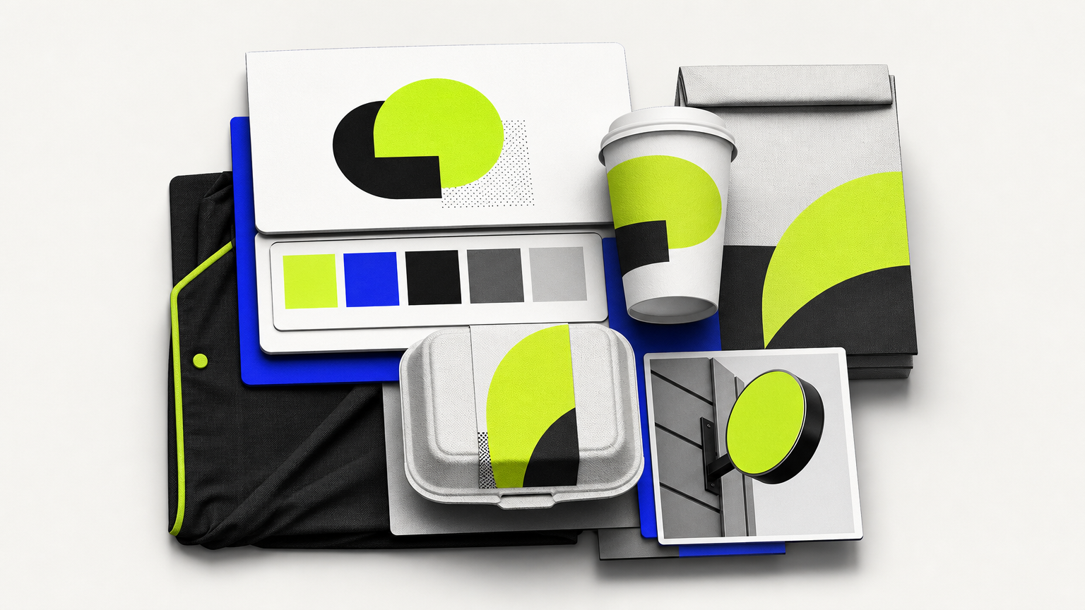 Physical brand identity system components including logo, color palette, packaging, and signage arranged as a visual stack.