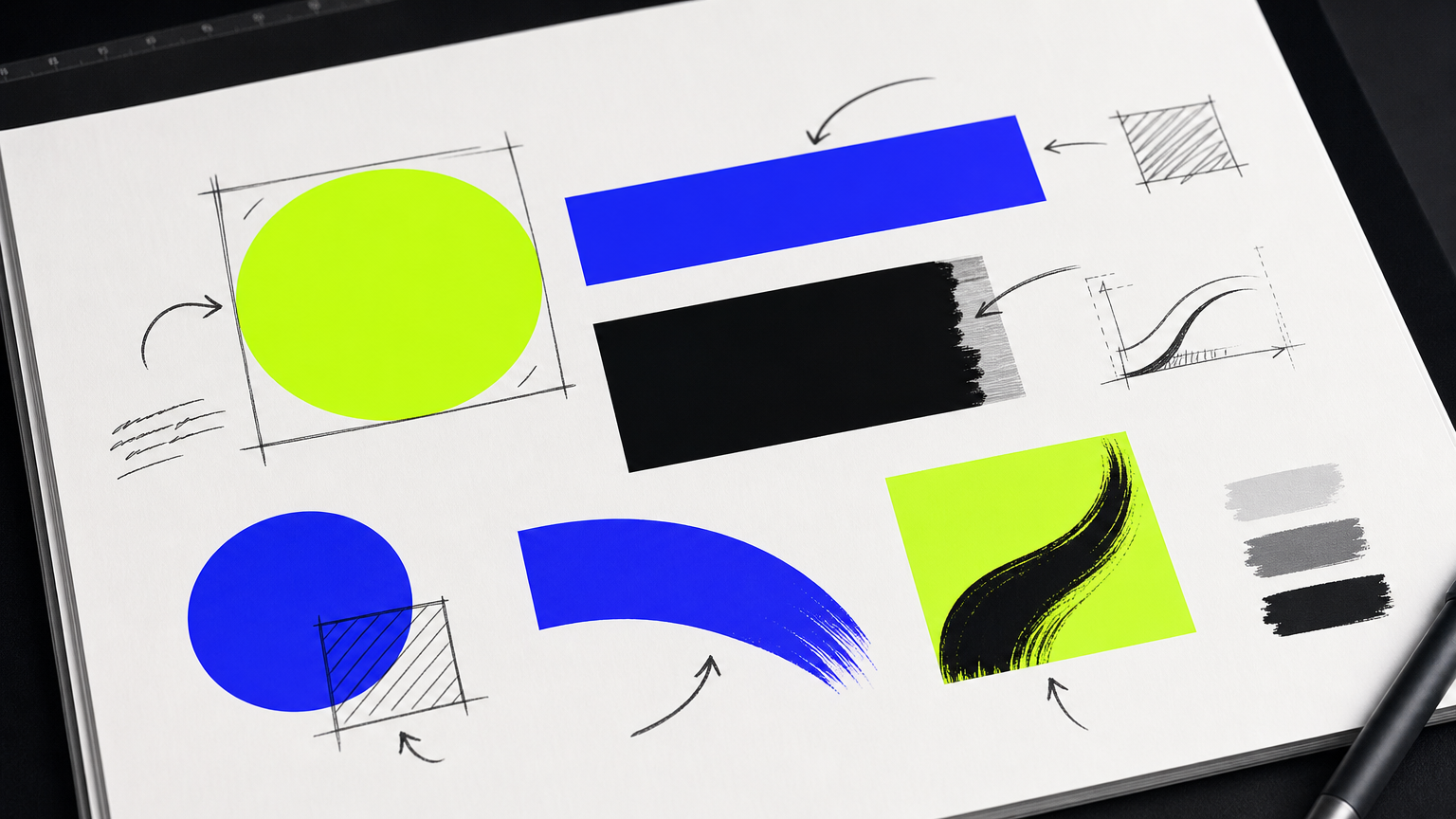 Fast-food brand identity guide showing bold shapes and vibrant colors used in category branding with design notes.