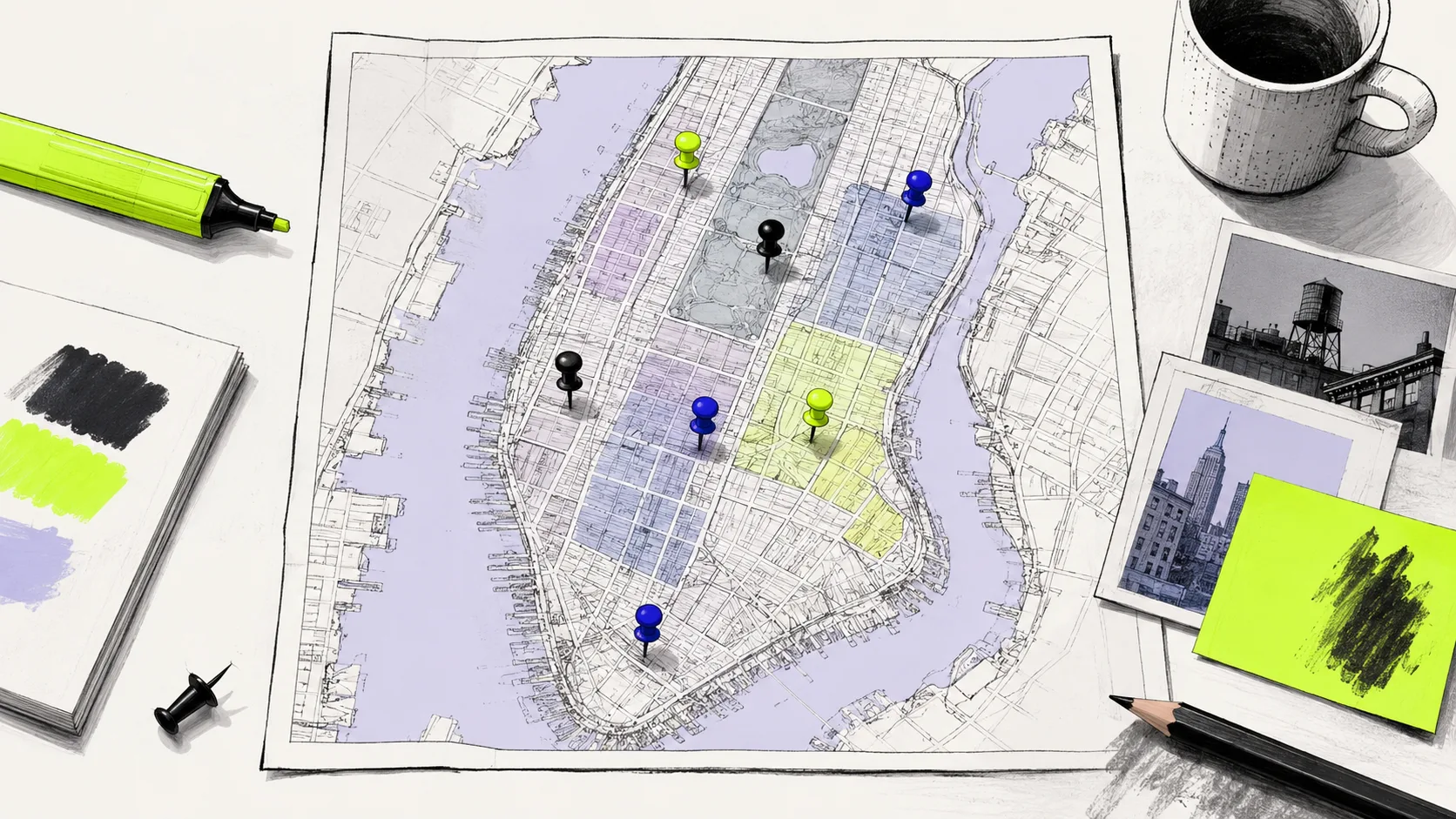 Detailed map of New York neighborhoods with colored markers showing different audience segments and market dynamics
