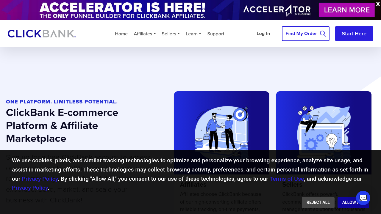 ClickBank homepage showing the affiliate account signup interface for new users.