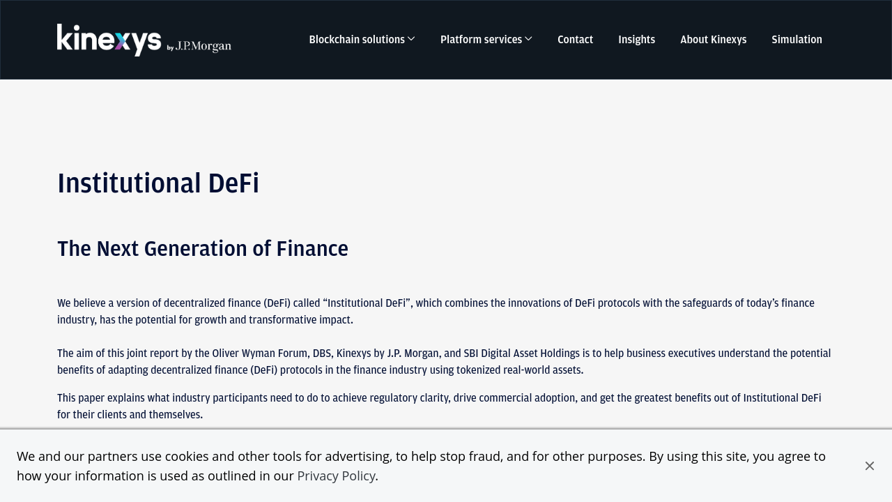 J.P. Morgan Kinexys institutional DeFi platform showcasing compliance controls and tokenized real-world asset infrastructure