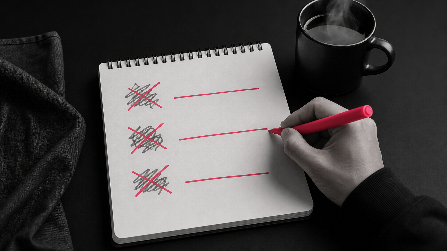 A hand crossing out common misconceptions about AI marketing agencies on a notepad while writing corrections