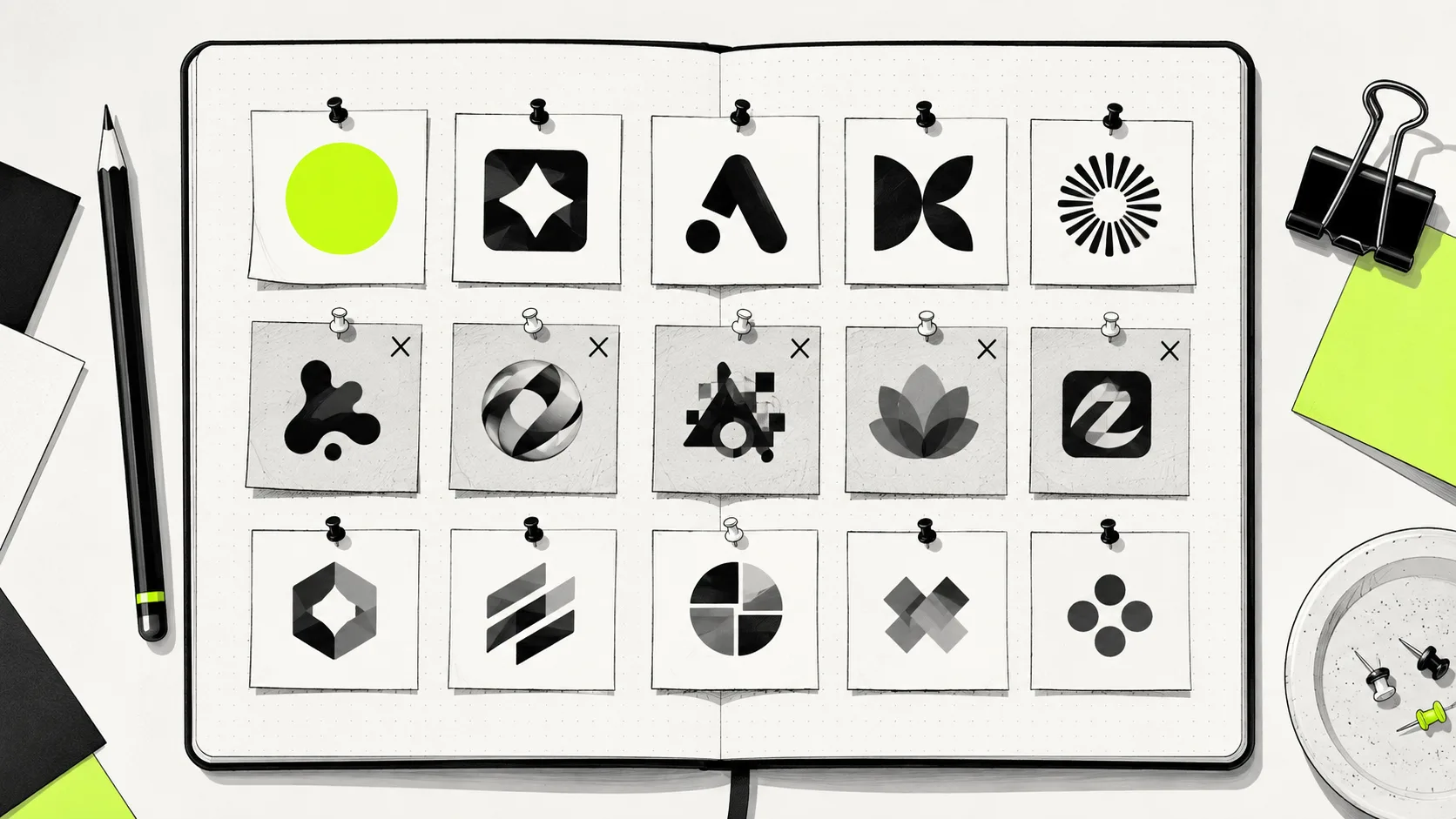 Mood board with pinned restaurant logo references—both inspiring and cautionary examples—along with competitor marks, showing how to build a designer brief.
