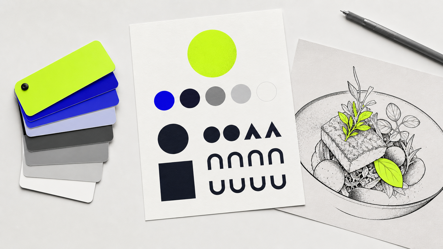Three core branding elements for restaurants isolated and displayed together鈥攃olor swatches, typeface samples, and custom imagery鈥攕howing how they work as unified pillars.