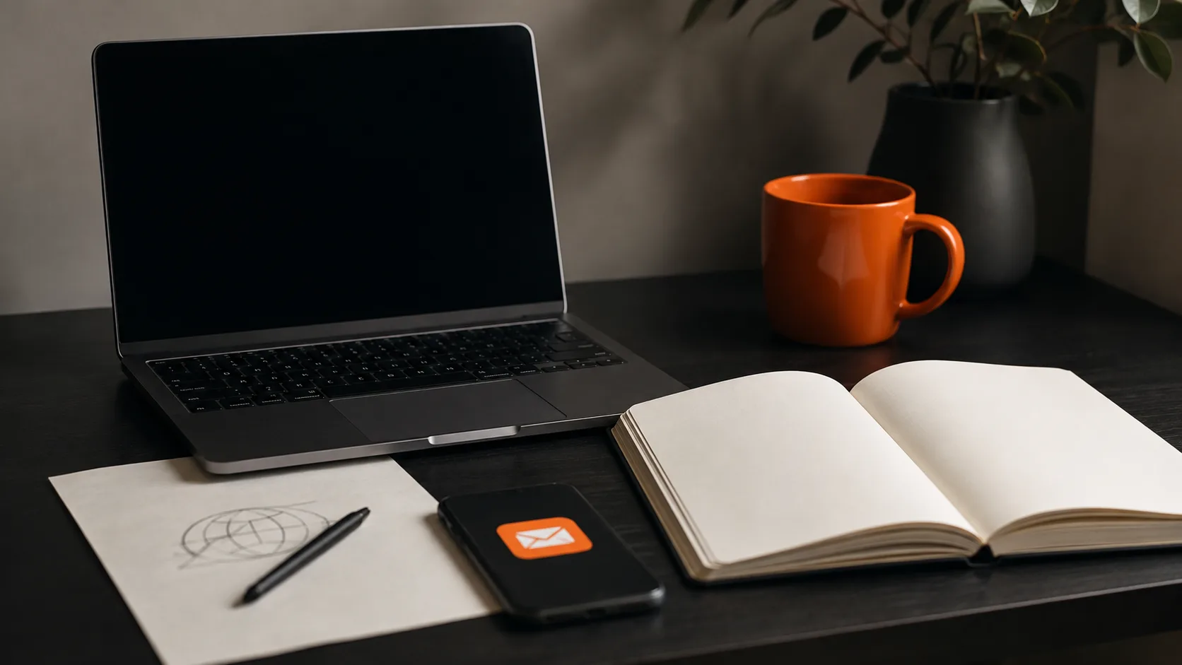 A minimal workspace showing the core tools needed to launch a passive income stream: a laptop, notebook, and email platform