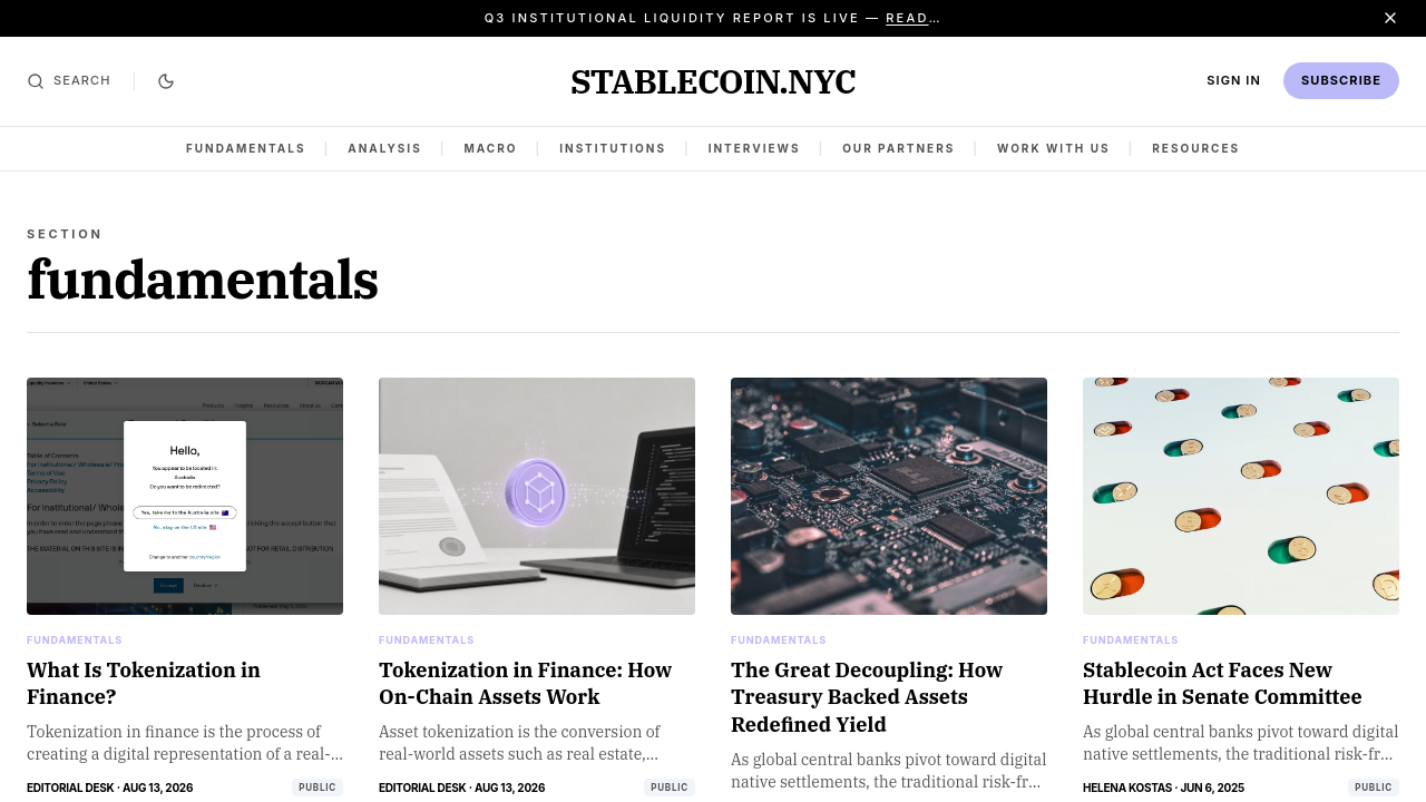 Screenshot of the Stablecoin.nyc fundamentals category showing stablecoin policy documentation and educational resources.