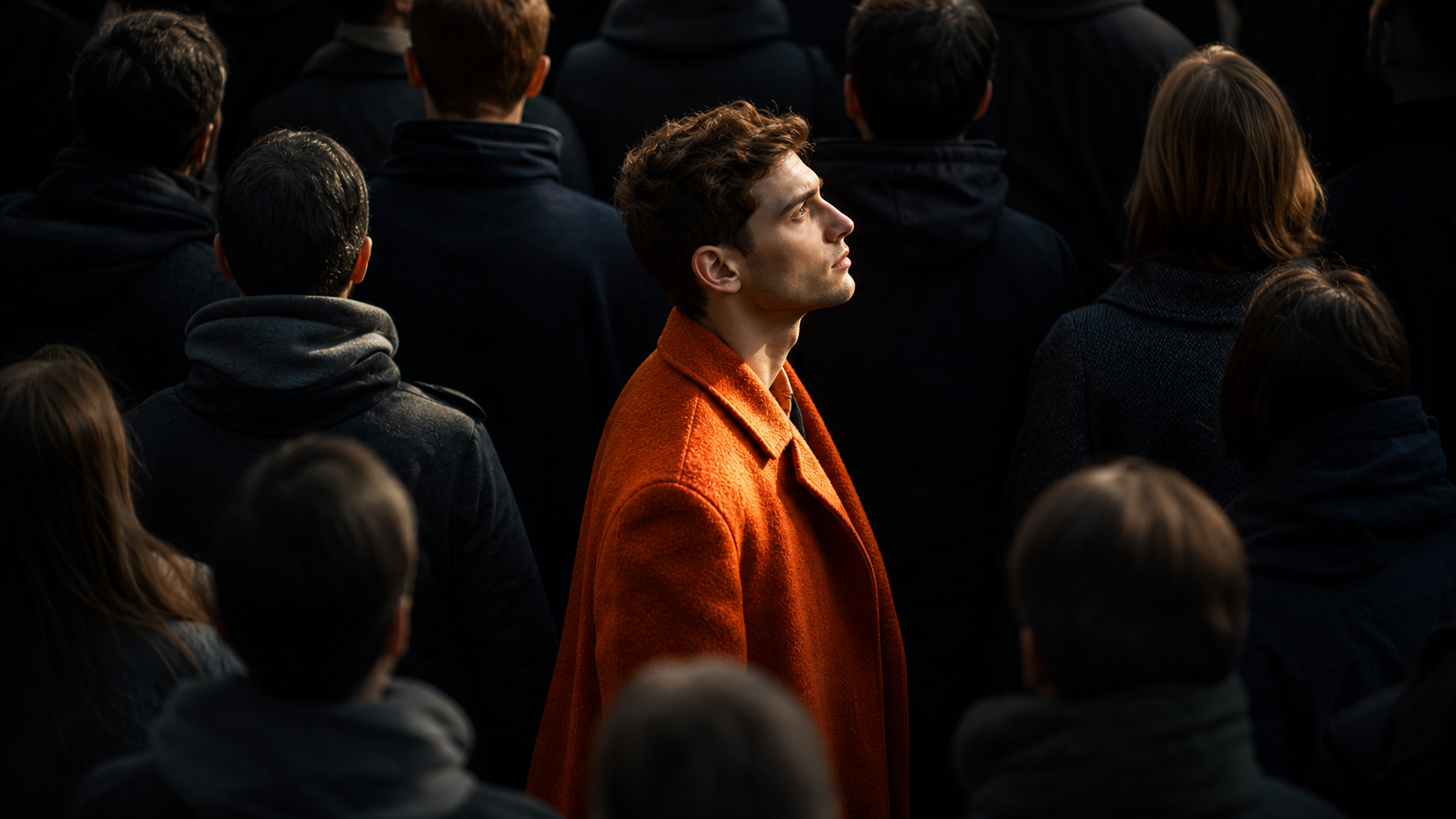 A single figure spotlit among a blurred crowd, representing how finding a niche means targeting one specific person with a specific problem rather than a broad category.
