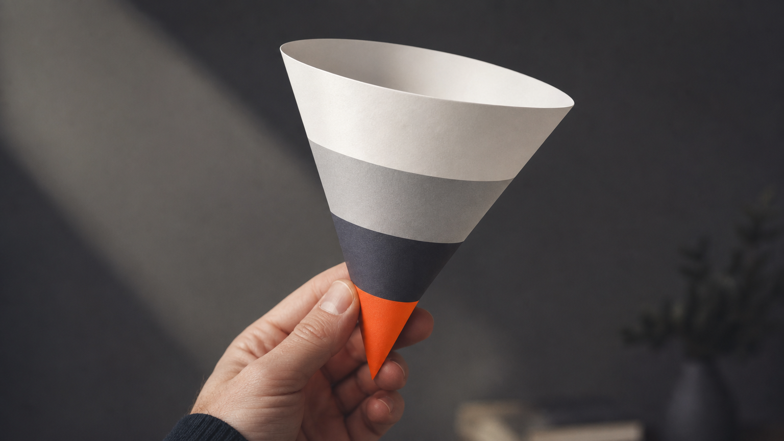 Visual representation of the four stages of a sales funnel: awareness, interest, decision, and action narrowing downward.