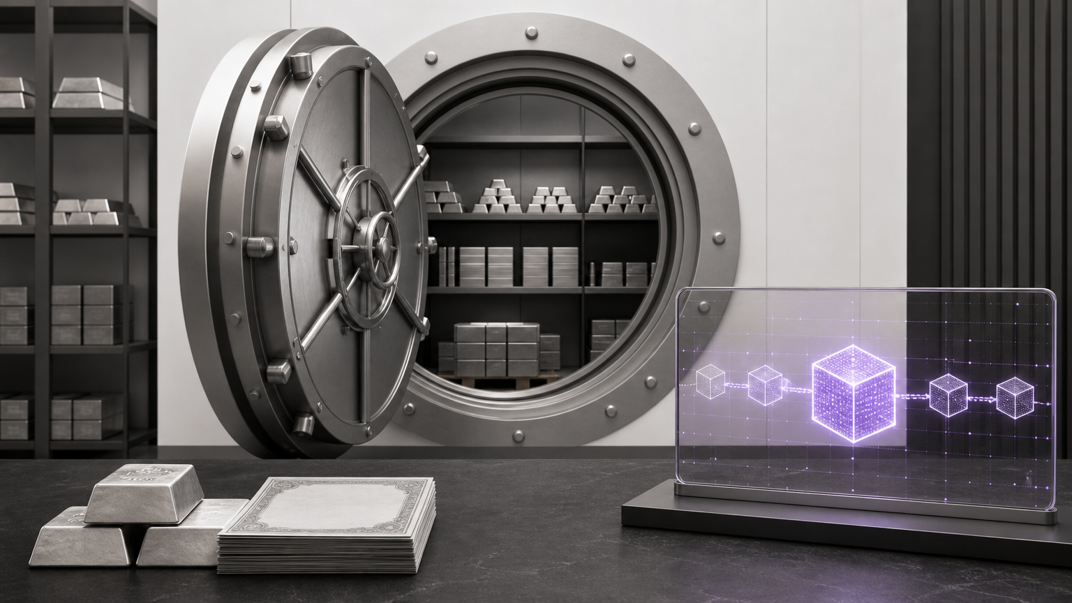 Visual representation of the tokenization mechanism: real-world assets locked in custody while digital tokens trade on-chain, each tied to the same underlying asset.