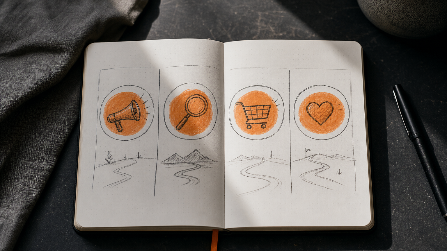 A hand-drawn breakdown of the four core funnel stages: awareness, consideration, conversion, and loyalty.
