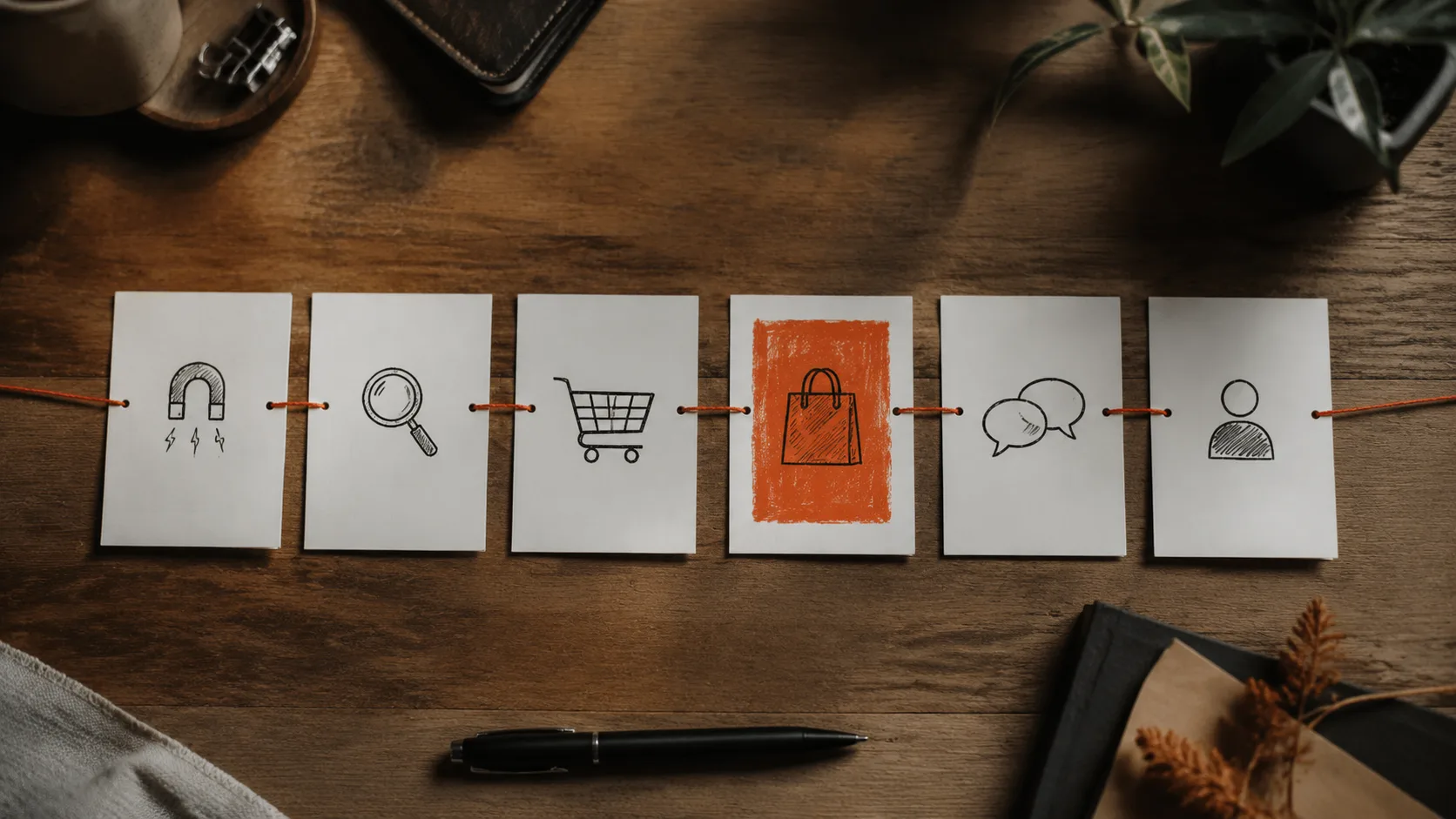 Six sequential steps of an affiliate sales funnel laid out visually, showing how each stage leads to the next in the customer journey.