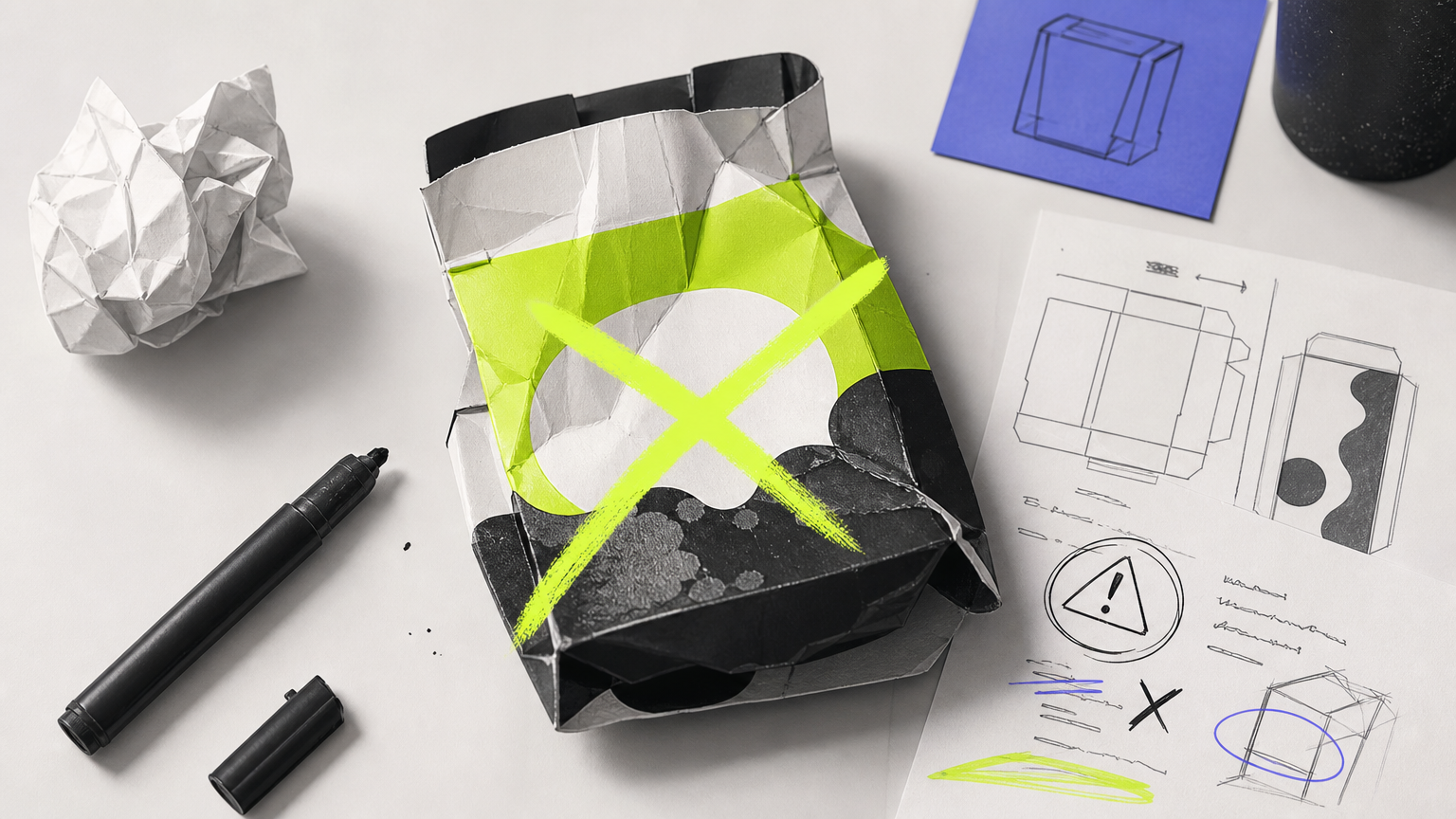 Marked-up packaging design showing common mistakes like incorrect bleed, missing dieline specs, and compliance failures
